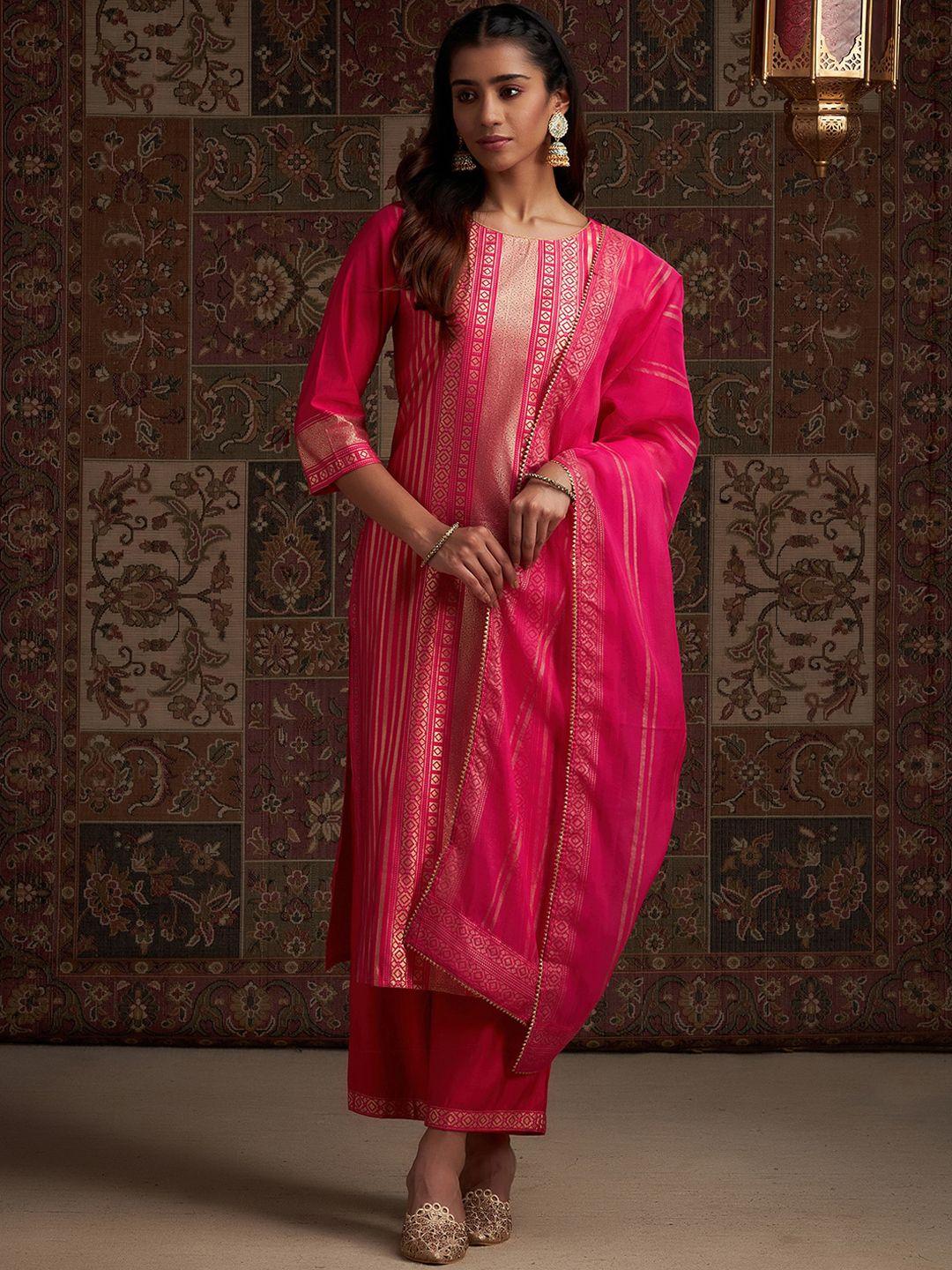 indo era pink geometric printed round neck straight liva kurta with palazzos & dupatta