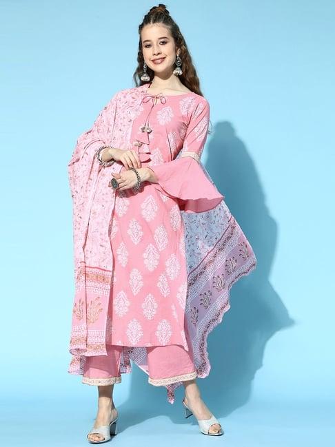 indo era pink printed kurta palazzo set with dupatta