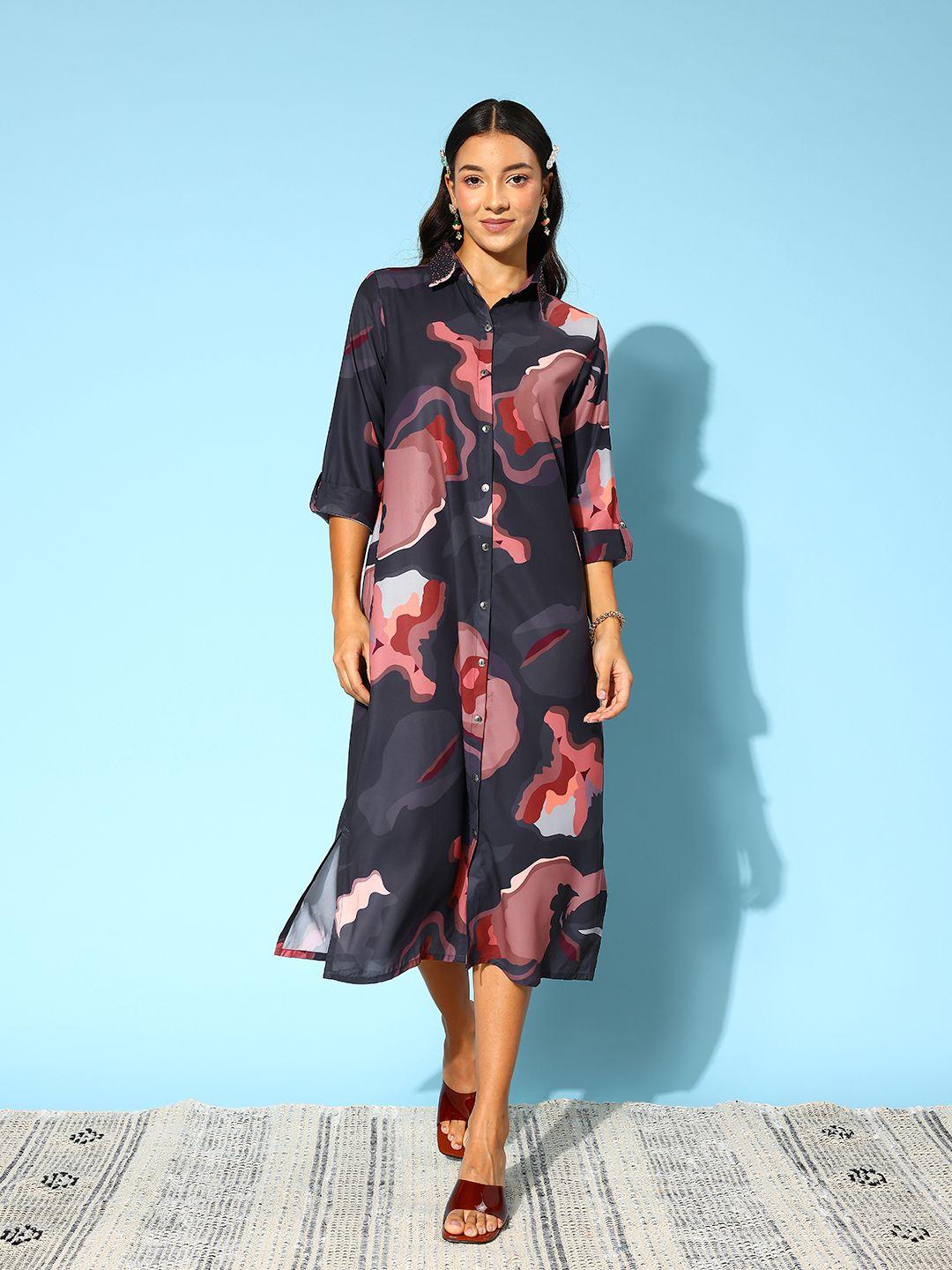 indo era print shirt midi dress