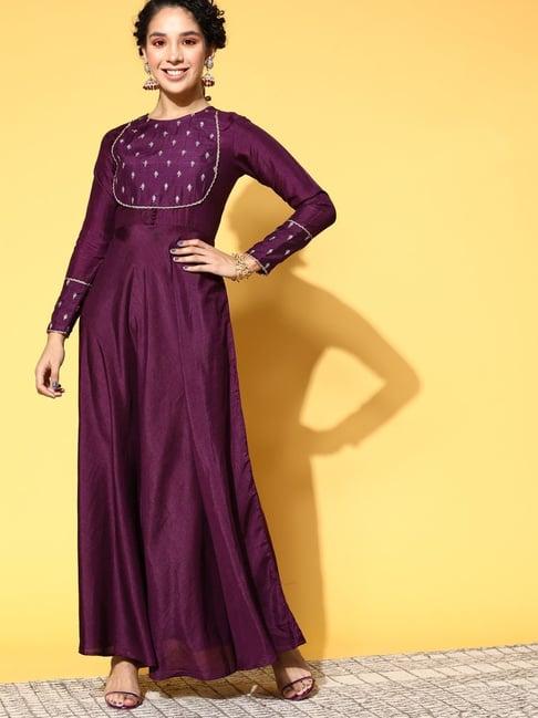 indo era purple cotton embroidered maxi dress