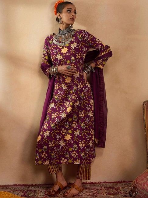 indo era purple cotton floral print kurta pant set with dupatta