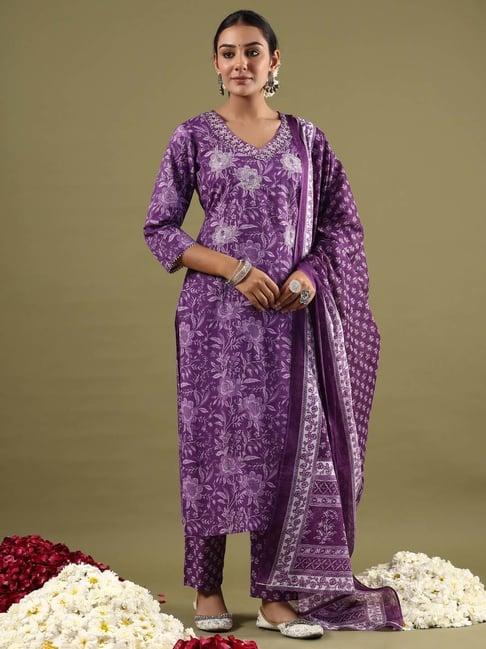 indo era purple cotton printed kurta and pant set with dupatta