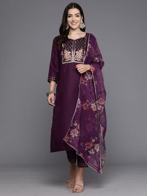 indo era purple cotton woven pattern kurta pant set with dupatta