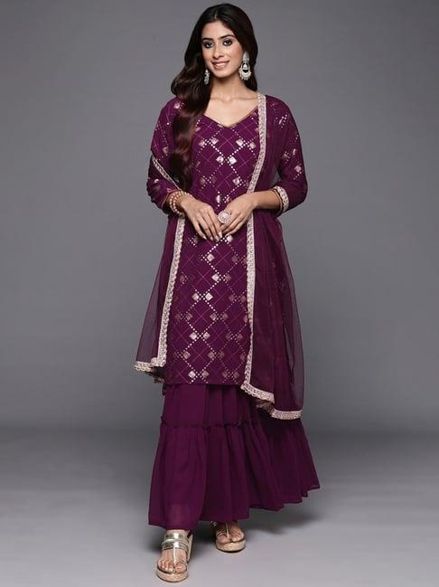 indo era purple embellished kurta sharara set with dupatta