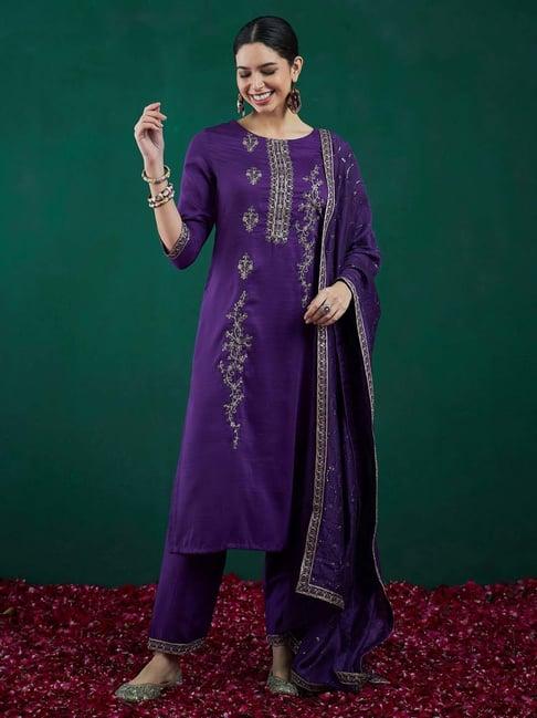 indo era purple embroidered kurta and pant set with dupatta