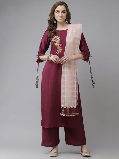 indo era purple embroidered kurta palazzo set with dupatta