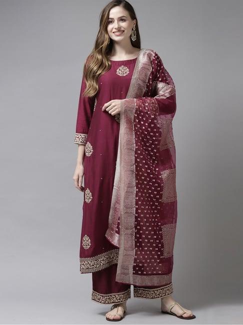 indo era purple embroidered kurta palazzo set with dupatta