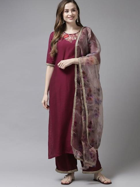 indo era purple embroidered kurta palazzo set with dupatta