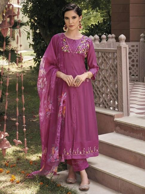 indo era purple embroidered kurta pant set with dupatta