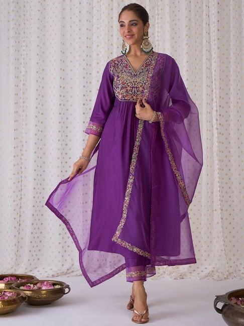 indo era purple embroidered kurta pant set with dupatta