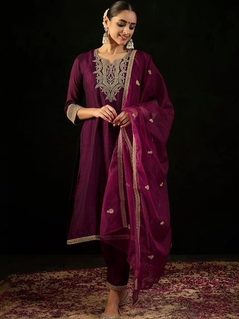 indo era purple embroidered kurta pant set with dupatta