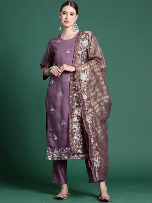 indo era purple embroidered kurta pant set with dupatta