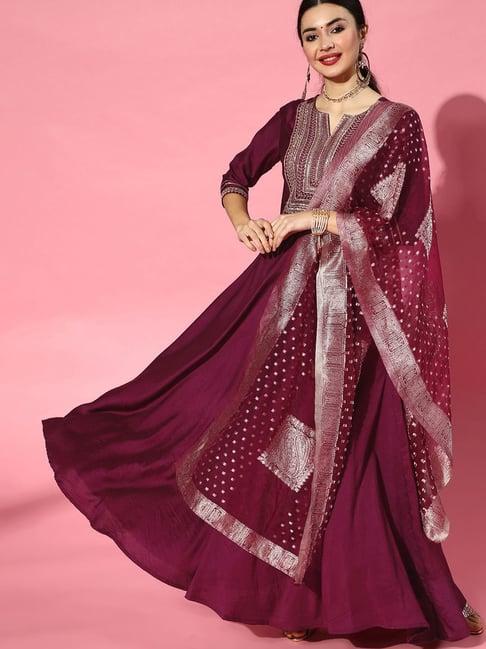 indo era purple embroidered kurta pant set with dupatta