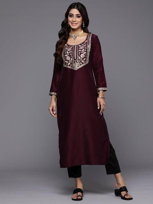 indo era purple embroidered straight kurta