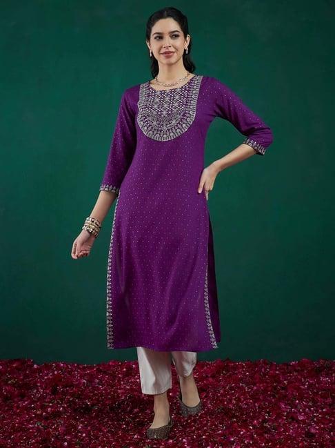 indo era purple embroidered straight kurta