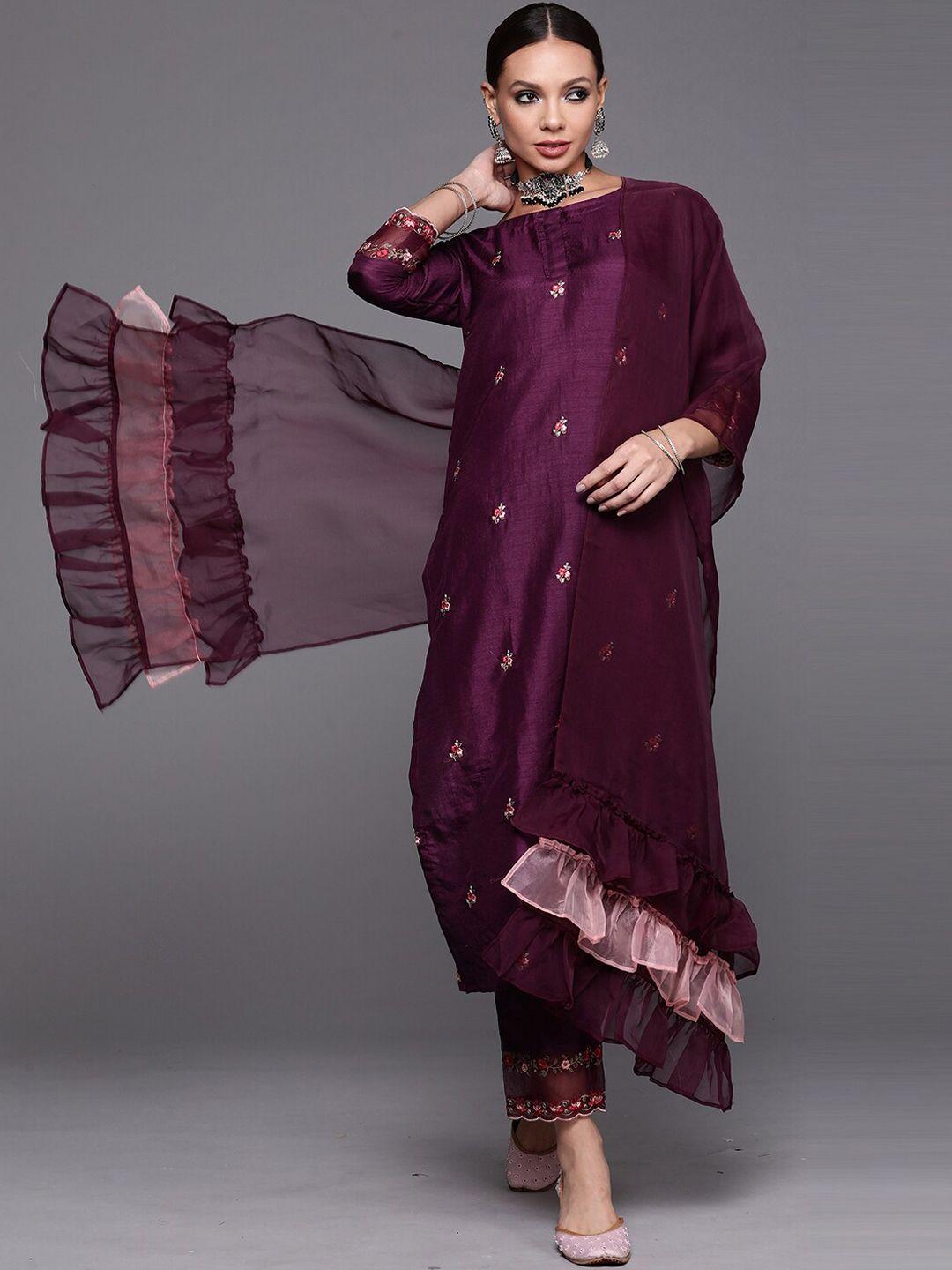 indo era purple floral embroidered sequined kurta with trousers & dupatta