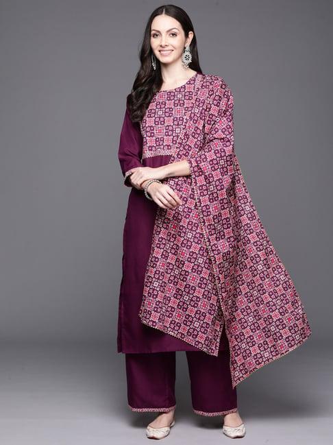 indo era purple woven pattern kurta palazzo set with dupatta