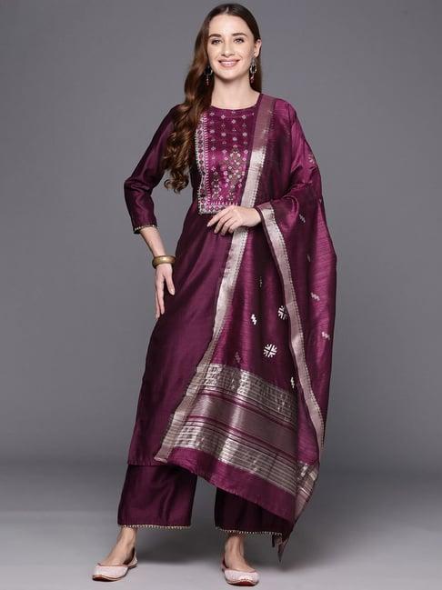 indo era purple woven pattern kurta palazzo set with dupatta