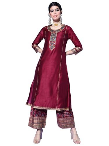 indo era rayon women's liva floral liva embroidered straight kurta palazzos set (22mmm4647xs_magenta_xs-size)