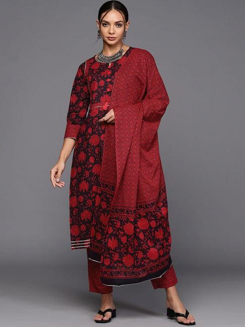 indo era red & black printed kurta pant set with dupatta