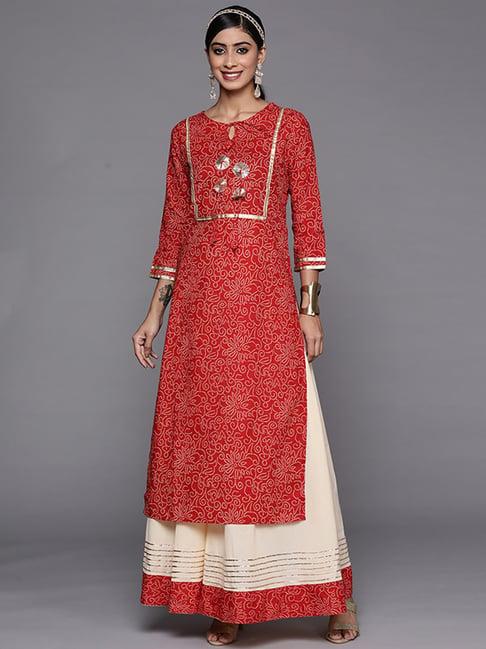 indo era red & off-white pure cotton printed kurta skirt set