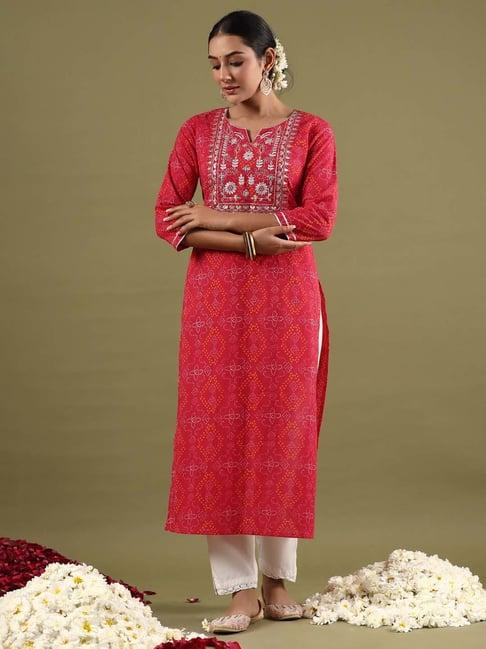 indo era red cotton embroidered straight kurta