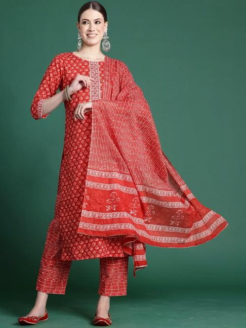 indo era red cotton printed kurta pant set with dupatta