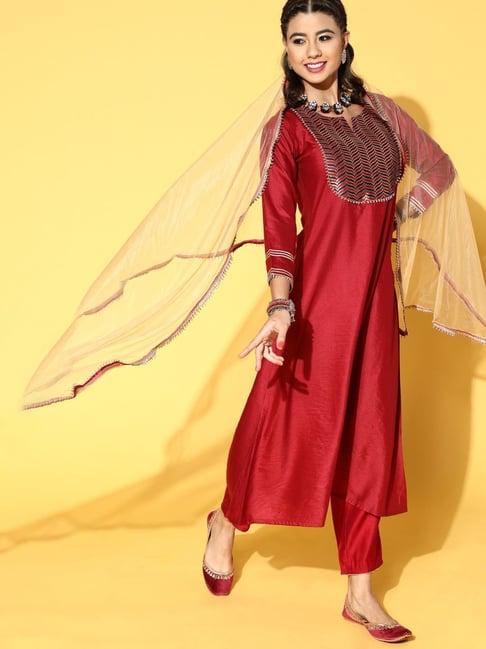 indo era red cotton printed kurta pant set with dupatta