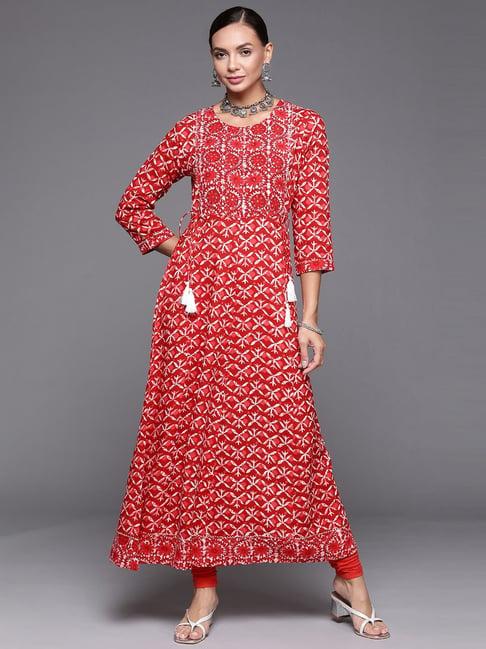 indo era red embellished a line kurta