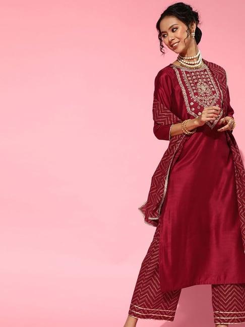 indo era red embellished kurta palazzo set with dupatta