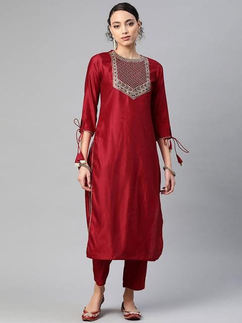 indo era red embellished kurta pant set