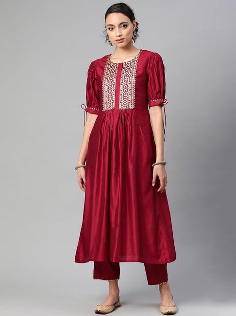 indo era red embellished kurta pant set