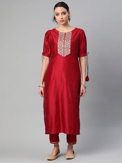 indo era red embellished kurta pant set