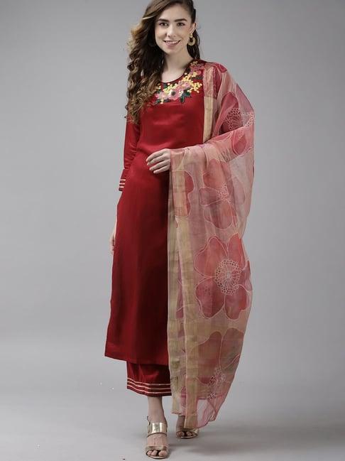 indo era red embroidered kurta palazzo set with dupatta