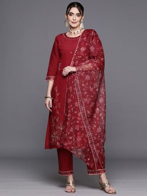 indo era red embroidered kurta pant set with dupatta