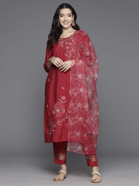 indo era red embroidered kurta pant set with dupatta