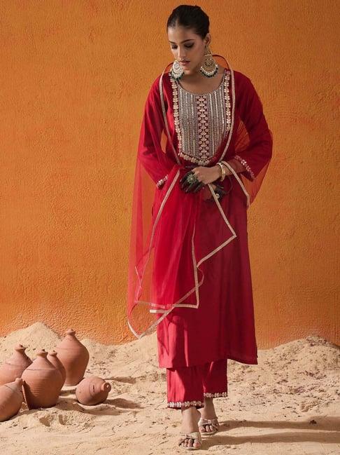 indo era red embroidered kurta pant set with dupatta