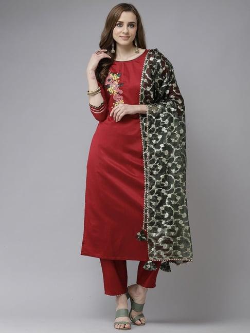 indo era red embroidered kurta pant set with dupatta