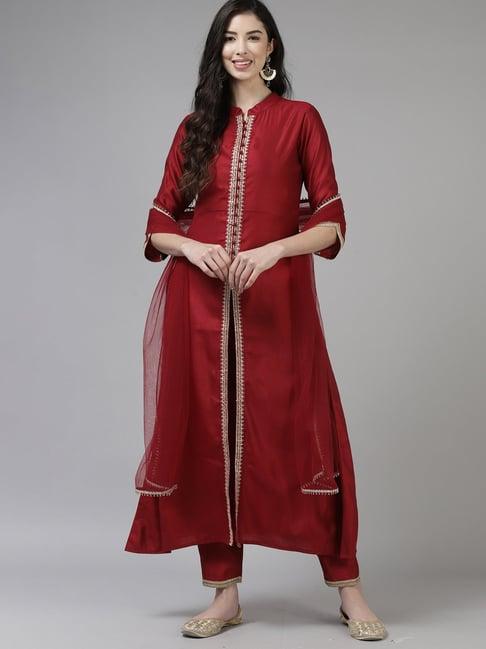 indo era red embroidered kurta pant set with dupatta