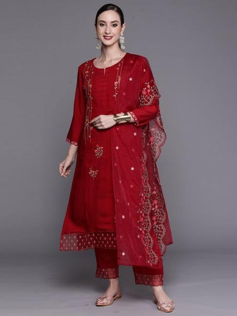 indo era red embroidered kurta pant set with dupatta