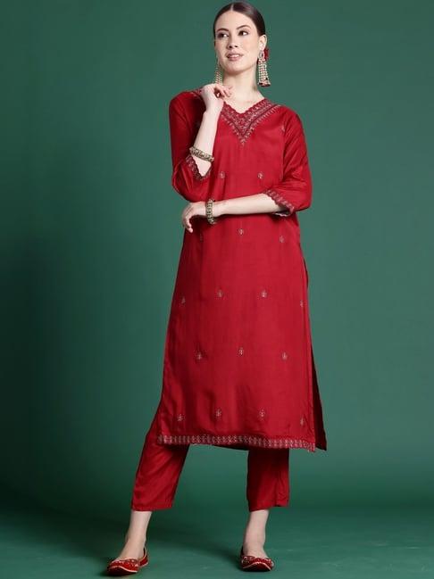 indo era red embroidered kurta pant set