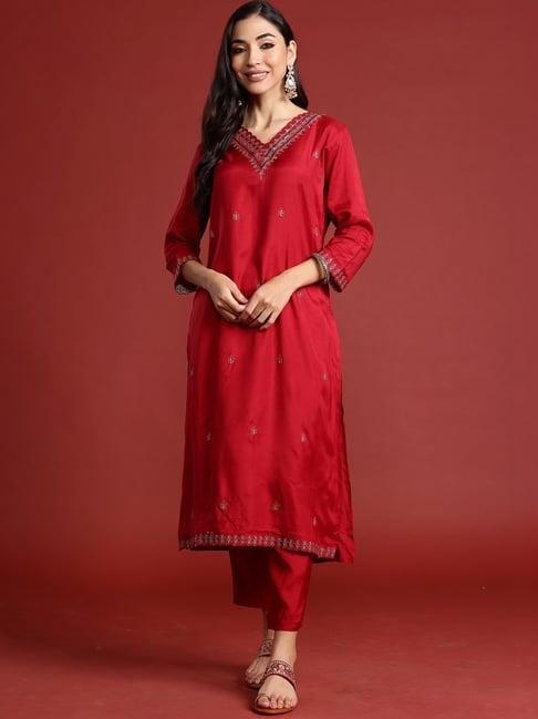 indo era red embroidered kurta pant set