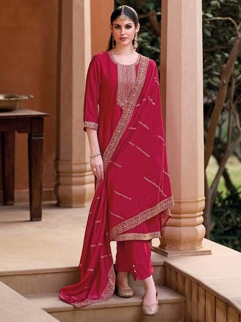 indo era red embroidered kurta with pant & dupatta