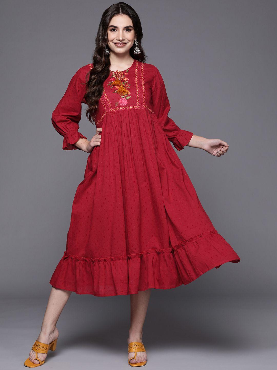 indo era red floral embroidered tie-up neck ethnic a-line midi dress