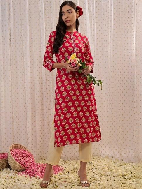 indo era red floral print straight kurta