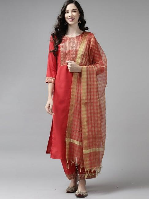 indo era red kurta palazzo set with dupatta