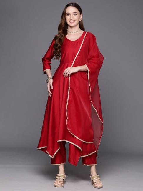 indo era red kurta pant set with dupatta