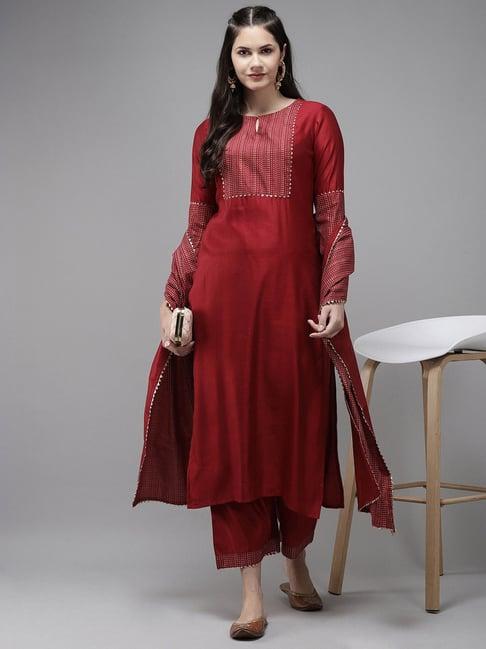 indo era red kurta with palazzo & dupatta