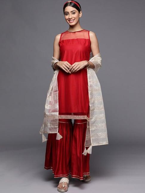 indo era red kurti sharara set with dupatta