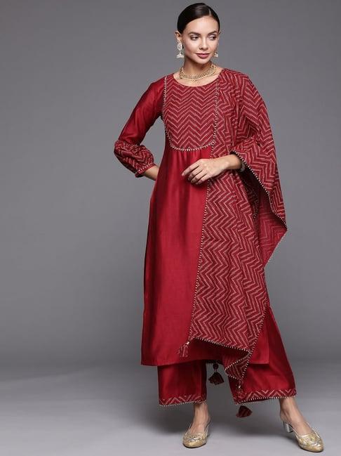 indo era red printed kurta palazzo set with dupatta